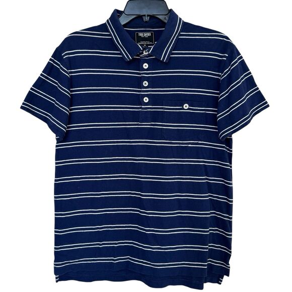 Todd Snyder Polo Shirt Mens Medium Navy Blue White Stripes Button Collar Preppy - Picture 1 of 6